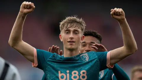 Dean Huijsen celebrates scoring against Arsenal