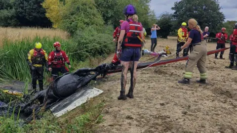 Carly Wilford A rope attached is pulling a horse covered in jet black mud from a ditch, surrounded by firefighters in a field. 