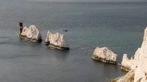 Aerial view of The Needles off the Western coast of the Isle of Wight.