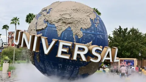 A large model of a globe stands within a theme park. Around the Equator is the logo "UNIVERSAL" in capital letters. There are some people in shot, along with some palm trees.