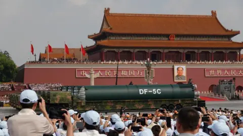 Reuters DF-5C liquid-fueled intercontinental strategic nuclear missile are displayed during a military parade to mark the 80th anniversary of the end of World War Two, in Beijing, China, September 3, 2025.