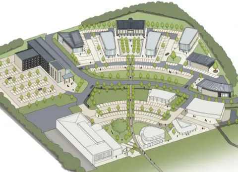 Franklin Ellis A 3D aerial view of the existing and proposed buildings at Everards Meadows, with the new hotel on the left of the plan and new offices to the top.