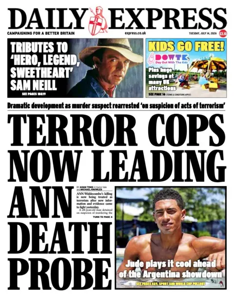 The headline on the front page of the Daily Express reads: “Terror cops now leading Ann death probe”.