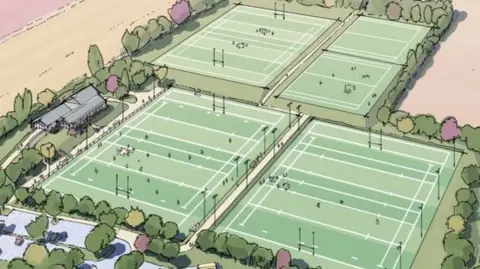 A drawing of what the new pitches could look like. There are four very large pitches visible surrounded by countryside.