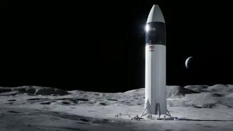 NASA Sebuah rendering artistik dari Starship on the Moon yang membawa bendera Amerika Serikat.