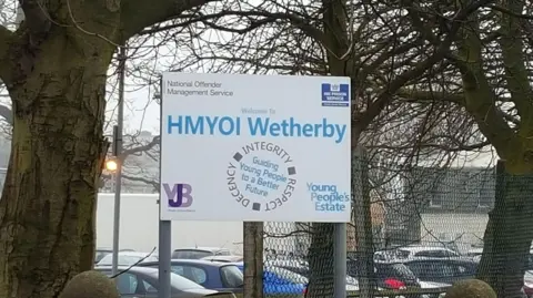 A sign for HMYOI Wetherby stands in front of trees and a wired fence.