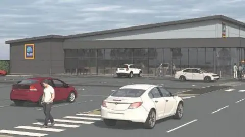 Artist's impression of the new glass-fronted store with cars and pedestrians in the foreground 