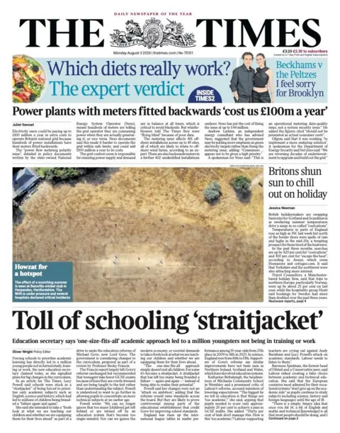 "Toll of schooling 'straitjacket'," reads the headline on the front page of the Times.