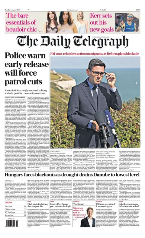 BBC "Police warn early release will force patrol cuts" reads the headline on the front page of the Daily Telegraph.