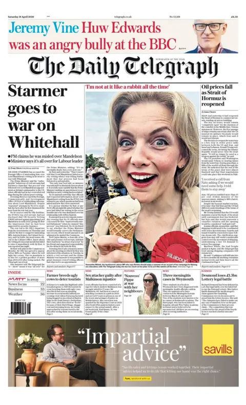 The headline on the front page of the Daily Telegraph reads: "Starmer goes to war on Whitehall."