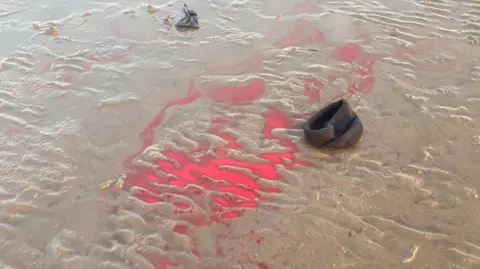 Josie Smith pantai berpasir, dengan genangan darah besar di atasnya. Di sebelah genangan air adalah topi yang dibuang dan tas kotoran anjing