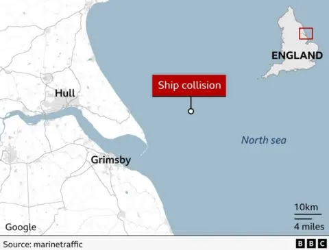 A map showing north east England and the North Sea with a label showing the site of the ship collision.