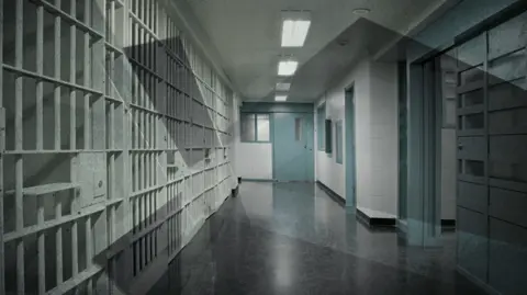 A generic image of a prison. It is a dark room with blue doors and cells to one side.