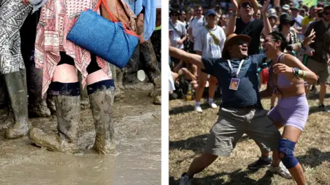 Splitscreen image of muddy welly boots and two people laughing in the sun, both at Glastonbury
