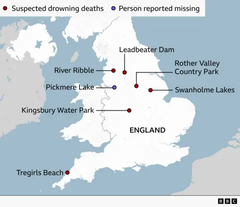 Map of England showing locations of water-related incidents. A legend at the top indicates red dots represent “Suspected drowning deaths” and purple dots represent a “Person reported missing.”