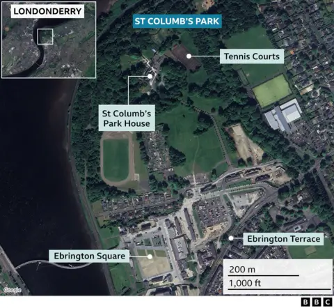aerial map of st columb's park and surrounding areas in Derry areas 