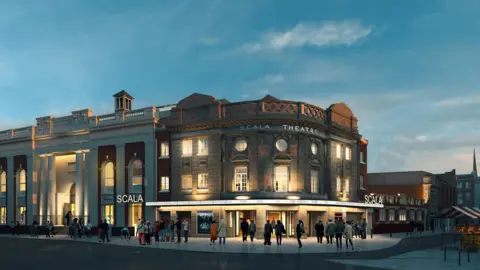 An CGI image of what the new Scala arts venue in Worcester will look like. It is a brightly lit stone and brick building with people milling about on a walkway outside.