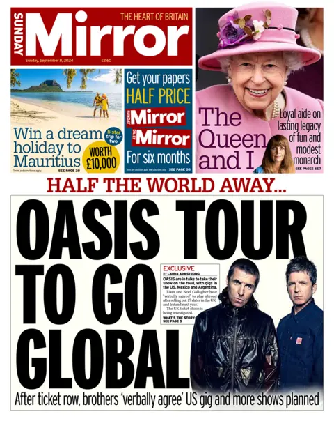 The Sunday Mirror headlines "Oasis tour to go global"