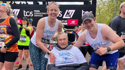 Jenny Rowlinson, David Rowlinson and Jonny Meardon at the London Marathon 