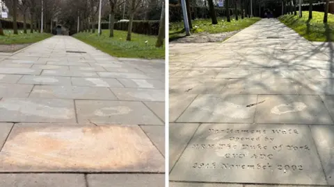Clare Buchanan Side‑by‑side comparison of the stone walkway on Parliament Way, showing worn paving slabs with pale patch on the left and the path on the right featuring an engraved slab reading Parliament Walk opened by HRH The Duke of York CVO ADC 29th November 2002