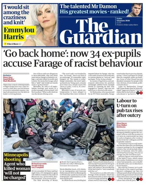  now 34 ex-pupils accuse Farage of racist behaviour" reads the headline on the front page of the Guardian.