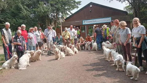 Barbara Weston A group of around 25 people gathered with Clumber spaniels outside a wooden building in Clumber park