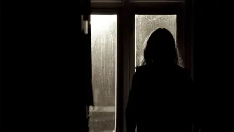 An unidentifiable silhouette of a woman looking out a set of glass doors at night time