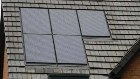 PA Media The image shows a section of a pitched roof covered with grey slate tiles. On the roof, there are four rectangular solar panels installed in a grid-like arrangement. Three panels are aligned in a row, and the fourth panel is slightly offset.  The surrounding roof tiles appear weathered, and part of a brick wall is visible on the right edge of the image.
