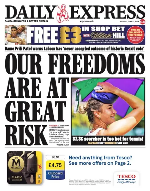 The headline on the front page of the Daily Express reads: "Our freedoms are at great risk."