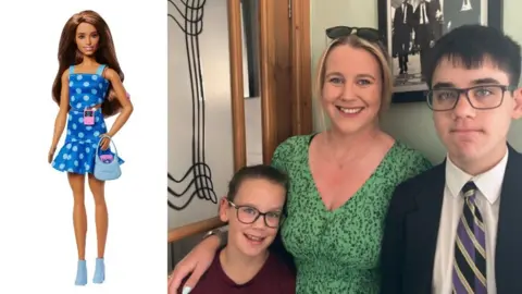Mattel/PA Media/BBC Composite image of the new Barbie doll, which features a glucose monitor and insulin pump, next to an image of a woman wearing green standing with two children, a boy and a girl. The boy is wearing spectacles and a school uniform. The girl has a red top and spectacles.