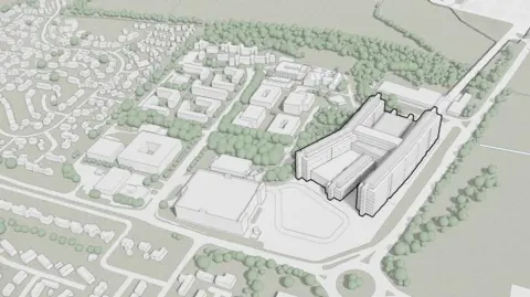 QEHKL Drawing of the new hospital complex with surrounding landscape.