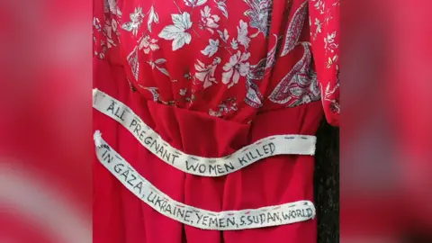 Raising_the_red/Instagram A red dress embroidered with a sash reading "All pregnant women killed in Gaza, Ukraine, Yemen, S. Sudan, World" 