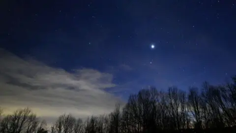 A photograph shows bright planets in an evening sky