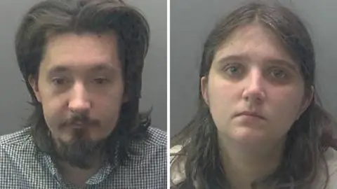 Police mug shots of Karl Robinson, with distinctive facial hair, and Sophie Eason Edge. Both have shoulder-length hair.