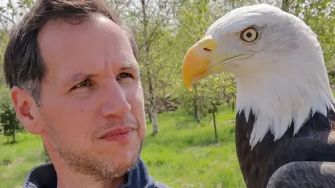 A man looks admiringly at a large white headed eagle perched close to his head