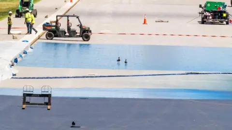 Reuters two ducks standing in blue painted part of reflecting pool, with work trucks and gear nearby