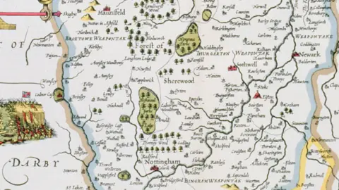 Getty Images The Countie of Nottingham, engraved by Jodocus Hondius (1563-1612) from John Speed's 'Theatre of the Empire of Great Britain'
