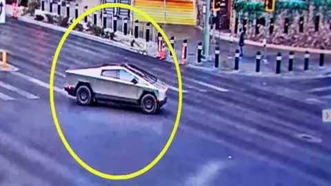 A photo of the Tesla Cybertruck that exploded at the Trump International Hotel turning off the Strip onto Fashion Show Drive is shown as Sheriff Kevin McMahill talks to the news media at Metropolitan Police Department headquarters in Las Vegas Thursday, Jan. 2, 2025.