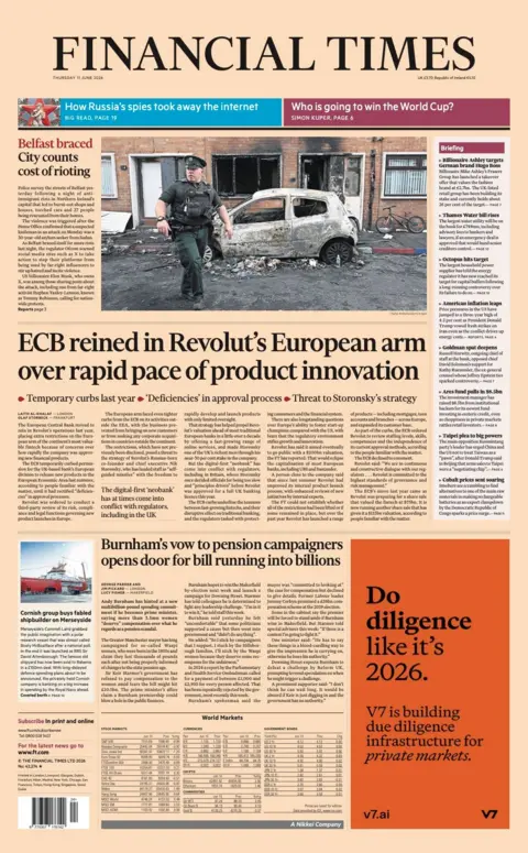 The headline on the front page of the Financial Times reads: "Belfast braced, city counts cost of rioting."