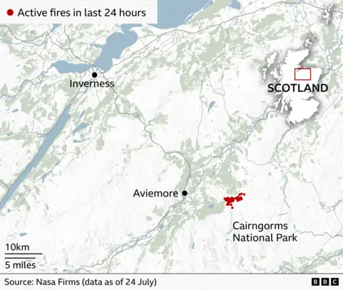 A map of the Scottish Highlands, showing an area of red in Cairngorms National Park labelled "active fires in the last 24 hours".