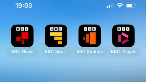 The BBC News, Sport, Sounds and iPlayer apps on a blue background