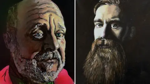 Simon Gee Two portraits side by side. On the left a man has a grey beard and is wearing a bright pink jackets. On the right a man is depicted with a long bus