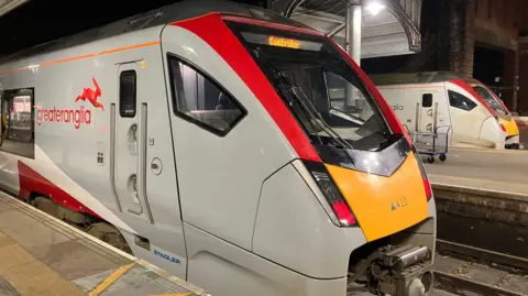 Two Greater Anglia trains at Norwich station.