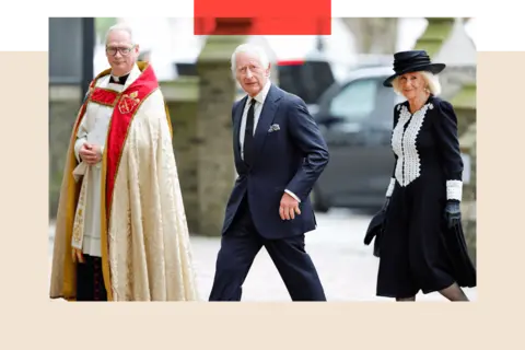 Getty Images King Charles III and Queen Camilla, accompanied by The Reverend Canon Alan Gyle, attend a memorial service in May 2024