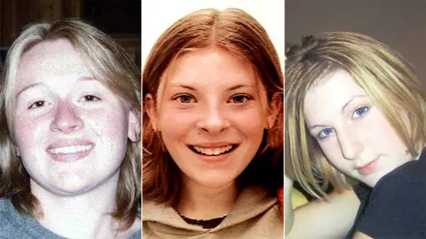 PA Media Amelie Delagrange, left, Milly Dowler, centre, and Marsha McDonnell. The three young girls all smile at the camera, they all have shoulder-length light hair. 