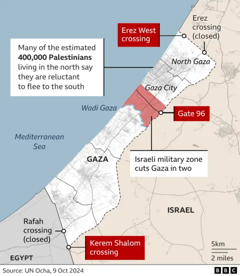 A map showing the entry points for aid into Gaza and an Israeli military zone that cuts Gaza in two.