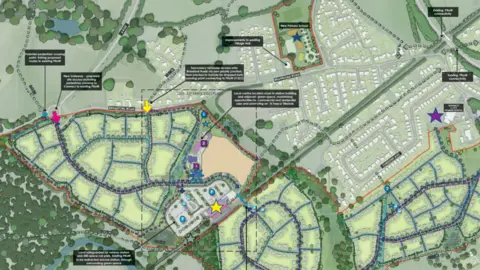 An aerial plan of a proposed housing development, showing the location of proposed houses with and the surrounding roads, with small black boxes giving more detail of the plans