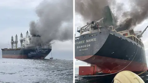 Thai Royal Navy Two images next to each other of different angles of a Thai cargo ship on the sea with smoke coming out of it
