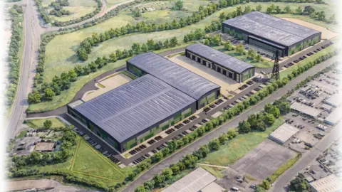 A CGI image of an industrial development seen from above, surrounded by grass and trees, with roads bordering it on all sides and car parking spaces with other low industrial units adjacent.