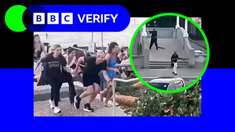 BBC Verify montage that combines a photo showing people running from the scene of the bondi beach attack and another one showing the shooters